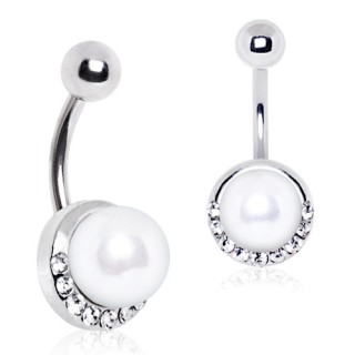 Piercing nombril � arc de strass et perle ivoire