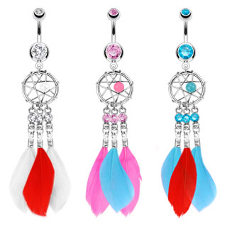 Piercing nombril "attrape r�ve" avec trio de plumes