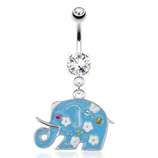 Piercing nombril avec �l�phant bleu d�cor� de fleurs