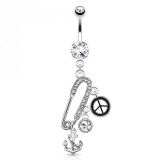 Piercing nombril avec �pingle � nourrice, ancre marine et peace