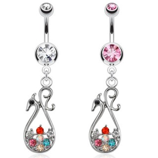 Piercing nombril avec paon stylis� pav� de pierres