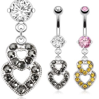 Piercing nombril avec pendentif � deux coeurs superpos�s