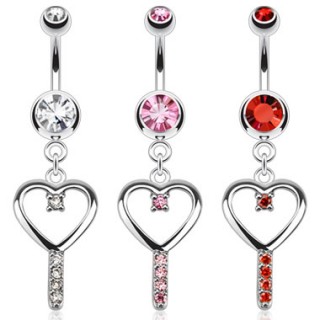 Piercing nombril avec pendentif cl� de coeur sertie