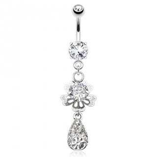 Piercing nombril avec pendentif double � fleur et goutte