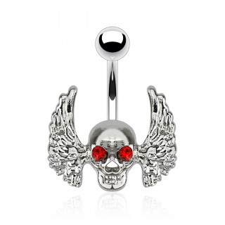 Piercing nombril avec t�te de mort ail�e aux yeux rouges