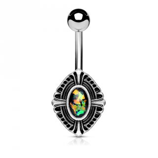 Piercing nombril bouclier � croix celtique et Opale vert fonc�