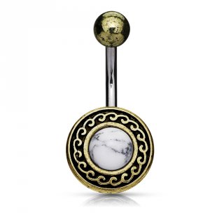 Piercing nombril bouclier tribal � vagues et Howlite blanche