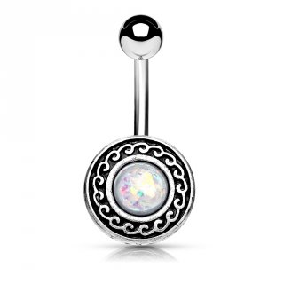 Piercing nombril bouclier tribal � vagues et Opale blanche