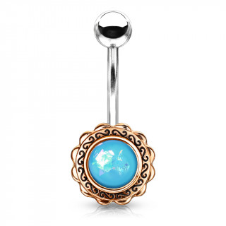 Piercing nombril bouton de fleur cuivr� � opale bleue