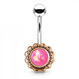 Piercing nombril bouton de fleur cuivr� � opale rose