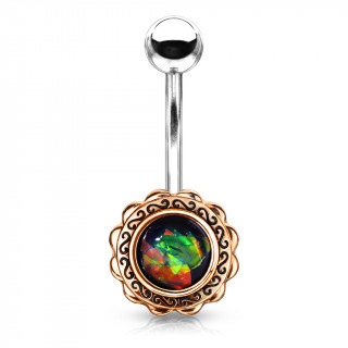 Piercing nombril bouton de fleur cuivr� � opale vert fonc�