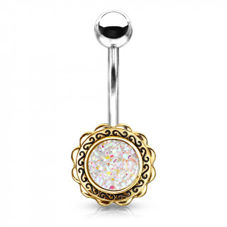 Piercing nombril bouton de fleur dor� � druse blanche
