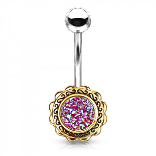 Piercing nombril bouton de fleur dor� � druse rose