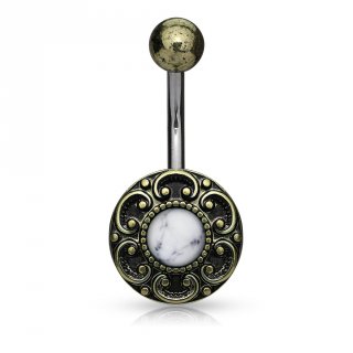 Piercing nombril bouton vintage � coeurs et Howlite blanche