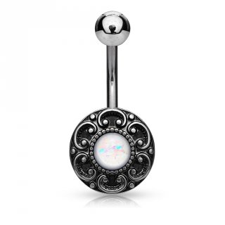 Piercing nombril bouton vintage � coeurs et Opale blanche