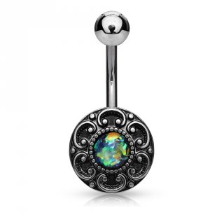 Piercing nombril bouton vintage � coeurs et Opale vert fonc�