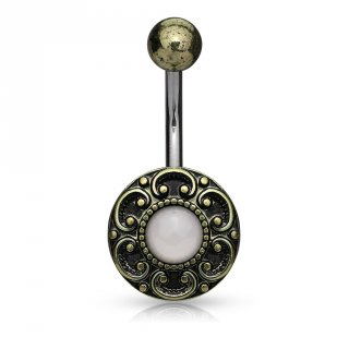 Piercing nombril bouton vintage � coeurs et Quartz rose