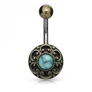 Piercing nombril bouton vintage � coeurs et Turquoise