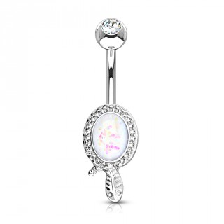 Piercing nombril � cadre avec feuille et opale blanche