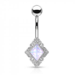 Piercing nombril � cadre losange floral serti epoxy - Blanc