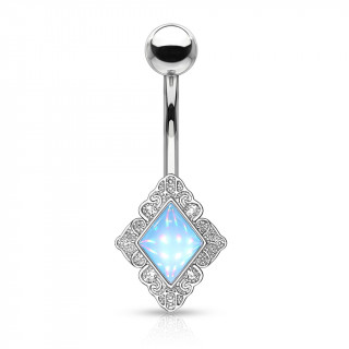 Piercing nombril � cadre losange floral serti epoxy - Bleu