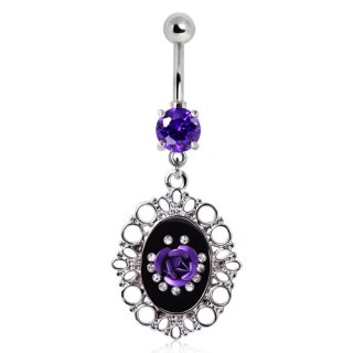 Piercing nombril cadre ornemental avec rose violette