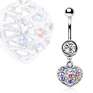 Piercing nombril cage en coeur � pierres multicolores
