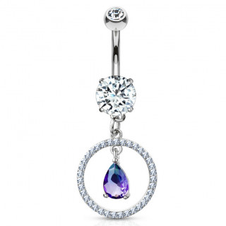 Piercing nombril cercle de strass � pierre suspendue - Gris