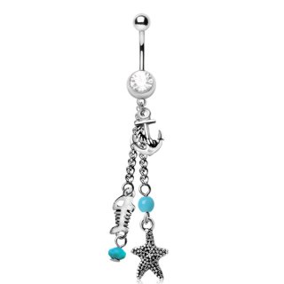 Piercing nombril charms marins � perles bleues