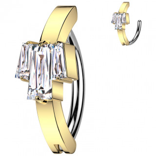 Piercing nombril charni�re � arc dor� serti de 3 zirconiums en baguettes