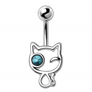 Piercing nombril chat � oeil perle turquoise