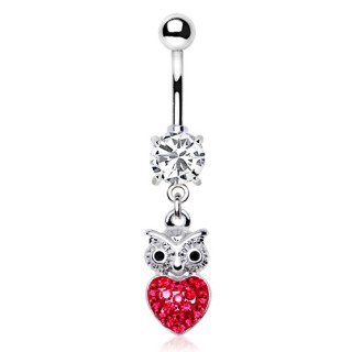 Piercing nombril chouette � coeur de strass rouges