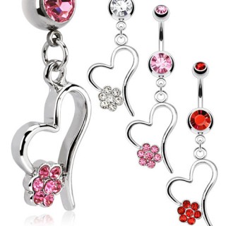 Piercing nombril coeur ajour�e avec fleur pav�e de pierres