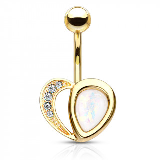Piercing nombril coeur arc de strass et opale blanche - Dor�