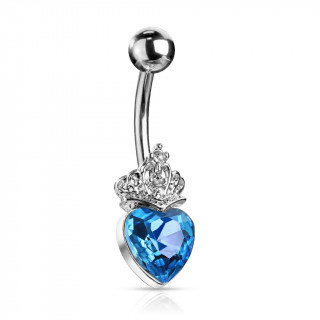 Piercing nombril coeur cristal couronn� - Bleu aqua