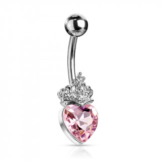 Piercing nombril coeur cristal couronn� - Rose