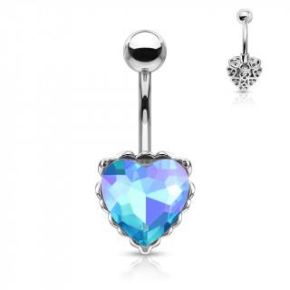 Piercing nombril � coeur cristal et filigrane arri�re - Aqua