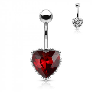 Piercing nombril � coeur cristal et filigrane arri�re - Rouge