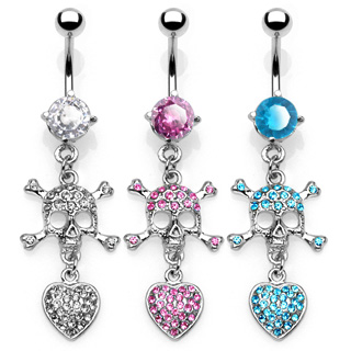 Piercing nombril coeur et t�te de mort zircon