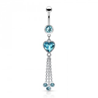 Piercing nombril coeur zirconium � chainettes et strass - Bleu aqua