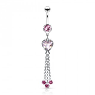 Piercing nombril coeur zirconium � chainettes et strass - Rose
