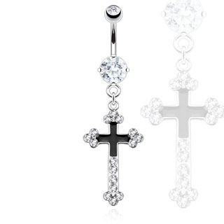 Piercing nombril croix bicolore pav�e de pierres claires
