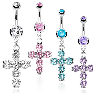 Piercing nombril croix de pierres rondes