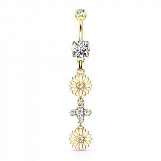 Piercing nombril croix et boutons de fleurs plaqu� or