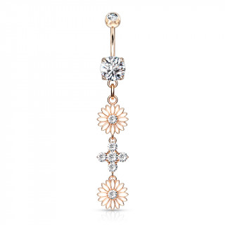 Piercing nombril croix et boutons de fleurs plaqu� or rose