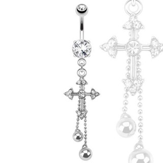 Piercing nombril � croix latine, chaines et perles