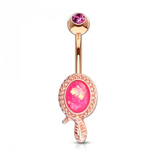 Piercing nombril cuivr� � cadre avec feuille et opale rose