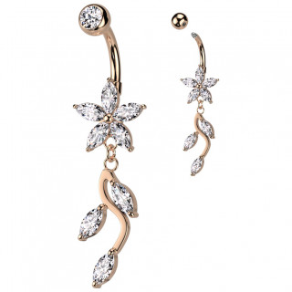 Piercing nombril cuivr� � fleur de zirconiums et feuilles en pendentif