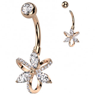 Piercing nombril cuivr� fleur � p�tales zirconiums et boucles pav�es