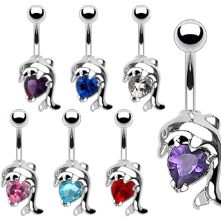 Piercing nombril dauphin � coeur serti